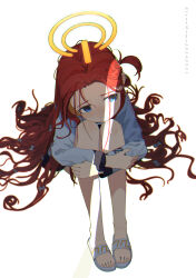 Rule 34 | 1girl, absurdres, ass, blue archive, blush, bow, elena zao, full body, hair bow, halo, highres, jacket, long hair, long sleeves, red hair, signature, simple background, slippers, solo, toes, very long hair, white background, white bow, white jacket, yellow halo, yuzu (blue archive)