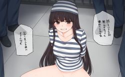 Rule 34 | 1girl, black hair, blush, brown eyes, clenched teeth, clothed male nude female, collarbone, embarrassed, highres, hime cut, houraisan kaguya, long hair, miyo (ranthath), multiple boys, no panties, no pants, nude, out-of-frame censoring, partially translated, prison, prison cell, prison clothes, tearing up, teeth, thighs, touhou, translation request