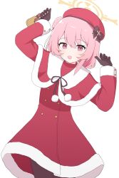 Rule 34 | 1girl, absurdres, black gloves, blue archive, feathers, gloves, hagoonha, hair ribbon, handbell, hat, highres, pink eyes, pink hair, red hat, ribbon, santa costume, serina (blue archive), simple background, white background