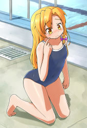Rule 34 | 1boy, alternate costume, barefoot, blonde hair, blue one-piece swimsuit, blush, bow, braid, closed mouth, commentary request, cookie (touhou), covered navel, drain (object), full body, genderswap, genderswap (ftm), grey one-piece swimsuit, kirisame marisa, knb (nicoseiga53198051), long hair, male focus, nose blush, one-piece swimsuit, pool, poolside, purple bow, rei (cookie), shiny skin, short hair, single braid, solo, swimsuit, touhou, trap, water, yellow eyes