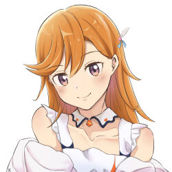 Rule 34 | 1girl, blush, closed mouth, collarbone, commentary request, detached collar, hajimari wa kimi no sora, highres, looking at viewer, love live!, love live! superstar!!, medium hair, orange hair, purple eyes, shibuya kanon, smile, soil jp, solo, upper body, white background