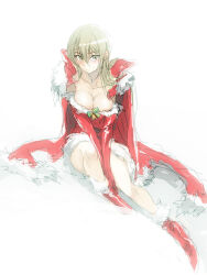 1girl between_legs blonde_hair blush boots breasts brown_eyes cape cleavage coat dress facing_viewer fur-trimmed_coat fur_trim hand_between_legs jacket jacket_on_shoulders light_smile looking_at_viewer mistletoe moribuden on_ground own_hands_together red_cape red_footwear red_shirt santa_boots santa_bra santa_costume santa_dress shirt sitting tenjouin_asuka white_background yu-gi-oh! yu-gi-oh!_gx