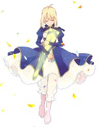 Rule 34 | 1girl, 87banana, ahoge, artoria pendragon (all), artoria pendragon (fate), barefoot, blonde hair, blue dress, closed eyes, commentary request, dress, excalibur (fate/stay night), fate/stay night, fate (series), full body, holding, holding sheath, long sleeves, looking down, petals, saber (fate), sheath, sidelocks, simple background, smile, solo, white background
