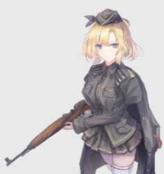Rule 34 | 1girl, absurdres, black hat, black jacket, black shirt, black skirt, blonde hair, blue eyes, braid, breasts, closed mouth, commentary, cross, cross earrings, earrings, french braid, g43 (girls&#039; frontline), gewehr 43, girls&#039; frontline, gun, hat, highres, holding, holding gun, holding weapon, iron cross, jacket, jacket on shoulders, jewelry, large breasts, light frown, long sleeves, looking at viewer, martinreaction, military, military hat, military uniform, rifle, scope, shirt, short hair, simple background, skirt, solo, thighhighs, uniform, v-shaped eyebrows, weapon, white background, white thighhighs