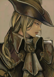 Rule 34 | 1girl, bad id, bad pixiv id, bell, blonde hair, blood, blood stain, bloodborne, collar, collared jacket, gem, grey eyes, hat, highres, jacket, lady maria of the astral clocktower, lips, looking to the side, neck bell, ponytail, tricorne, yumae
