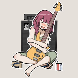 Rule 34 | 1girl, alcohol carton, amplifier, bare shoulders, bass guitar, blush, bocchi the rock!, braid, braided ponytail, closed eyes, dress, drooling, drunk, full body, geta, green dress, guitar, hiroi kikuri, hugging object, indian style, instrument, long hair, mouth drool, nose blush, ooishi oil, open mouth, outline, purple hair, sitting, sleeveless, sleeveless dress, smile, solo, strap slip, white outline