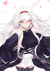 Rule 34 | 1girl, azur lane, bare shoulders, belt, blush, boots, breasts, coat, colorado (azur lane), detached sleeves, dress, hairband, highres, large breasts, long hair, red eyes, sideboob, sleeveless, sleeveless dress, solo, thighhighs, white hair, zie (pannihe)