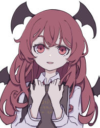 Rule 34 | 1girl, absurdres, bat wings, black vest, book, collared shirt, eyebrows hidden by hair, hair between eyes, head wings, highres, holding, holding book, kame (kamepan44231), koakuma, long hair, long sleeves, looking at viewer, one-hour drawing challenge, open mouth, red eyes, red hair, shirt, simple background, smile, solo, touhou, upper body, vest, white background, white shirt, wings