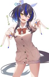Rule 34 | 1girl, animal ears, black hair, blue hair, bow, bowtie, breasts, buttons, cardigan, collared shirt, cowboy shot, daitaku helios (umamusume), double v, ear covers, hair ornament, hairclip, highres, horse ears, horse girl, horse tail, long hair, multicolored hair, multicolored nails, one eye closed, open mouth, outstretched arms, ponytail, reaching, reaching towards viewer, red bow, red bowtie, ryouta (ryouta335), shirt, small breasts, smile, solo, tail, translation request, two-tone hair, umamusume, v, white background, white shirt, yellow eyes