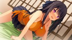 Rule 34 | 10s, 1girl, akinashi yuu, all fours, ao no kanata no four rhythm, bare shoulders, barefoot, bed, black hair, blush, breasts, feet, game cg, huge breasts, legs, long hair, looking back, open mouth, pink eyes, skirt, solo, sprite (company), sweat, thighs, tobisawa misaki, toes