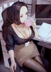 Rule 34 | 1girl, black pantyhose, black shirt, breasts, brown eyes, brown hair, brown skirt, chair, cleavage, collarbone, computer, cup, forehead, from above, ganbare douki-chan, holding, holding cup, id card, jewelry, kaoming, laptop, large breasts, nail polish, necklace, pantyhose, pink nails, senpai-san (douki-chan), shirt, short hair, skirt, solo