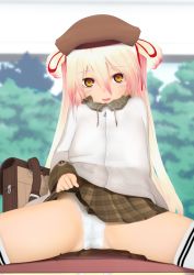 Rule 34 | 1girl, 3d, backpack, bag, clothes lift, female focus, green eyes, hair ornament, hair ribbon, hat, highres, lace, lace-trimmed panties, lace trim, lifted by self, long sleeves, looking at viewer, open mouth, original, panties, pantyshot, plaid, plaid clothes, plaid skirt, print clothes, print skirt, randoseru, red ribbon, ribbon, school uniform, shirt, sitting, skirt, skirt lift, smile, solo, spread legs, taii (tng1014), thighhighs, underwear, uniform, unworn backpack, unworn bag, white panties, white thighhighs