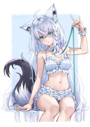 Rule 34 | 1girl, :o, absurdres, ahoge, animal ear fluff, animal ears, blush, bra, braid, commentary request, curry bowl, earrings, fox ears, fox girl, fox shadow puppet, fox tail, frilled bra, frilled panties, frills, green eyes, hair between eyes, highres, holding, holding leash, hololive, jewelry, leash, long hair, looking at viewer, navel, panties, pentagram, shirakami fubuki, sidelocks, single braid, sitting, solo, tail, underwear, underwear only, virtual youtuber, white bra, white hair, white panties