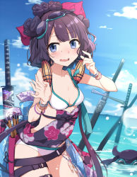 Rule 34 | 1girl, animal, bikini, blue eyes, blue sky, blurry, blurry background, breasts, cloud, commentary request, day, depth of field, fate (series), fingernails, floral print, goggles, goggles on head, hair ornament, hands up, katsushika hokusai (fate), katsushika hokusai (swimsuit saber) (fate), long hair, looking at viewer, octopus, open mouth, outdoors, partially submerged, purple hair, sky, small breasts, solo focus, swimsuit, tokitarou (fate), tsuezu, twintails, very long hair, water, wavy mouth, white bikini