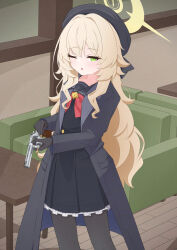 1girl absurdres beret black_coat black_gloves black_hat black_pantyhose black_sailor_collar black_serafuku blonde_hair blue_archive blush bow bowtie bullet coat colt_python commentary couch cowboy_shot fluffy_hair frilled_skirt frills gloves green_eyes gun halo handgun hat highres holding holding_bullet holding_gun holding_weapon indoors long_hair long_sleeves looking_at_viewer mizusaki_(kn27) one_eye_closed open_clothes open_coat open_mouth pantyhose pleated_skirt professor_niyaniya_(blue_archive) red_bow red_bowtie reloading revolver sailor_collar school_uniform serafuku side_ahoge skirt solo table weapon wooden_floor yellow_halo