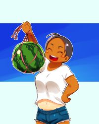 Rule 34 | 1girl, black hair, breasts, closed eyes, food, fruit, medium breasts, navel, open mouth, short hair, simple background, smile, solo, squarewave, tan, tanline, watermelon