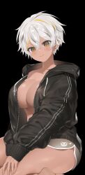 Rule 34 | 1girl, artist request, black background, black jacket, blush, breasts, cleavage, dark-skinned female, dark skin, grey shorts, highres, jacket, large breasts, looking at viewer, luvdia, non-web source, park dona, short hair, shorts, solo, source request, tan, unzipped, virtual youtuber, white hair, yellow eyes