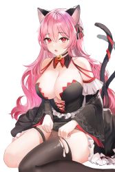 Rule 34 | 1girl, absurdres, animal ears, bare shoulders, bell, black choker, black dress, black ribbon, breasts, brown thighhighs, cat ears, cat tail, choker, cleavage, commentary, detached sleeves, dress, frilled dress, frills, hair between eyes, hair ribbon, highres, jingle bell, large breasts, lillly, long hair, long sleeves, looking at viewer, multiple tails, neck bell, original, pink hair, red eyes, ribbon, sitting, solo, strapless, strapless dress, tail, thighhighs, transparent background, very long hair, wariza