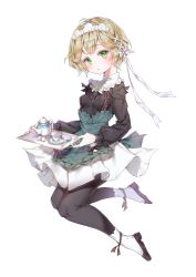 Rule 34 | 1girl, apron, bad id, bad pixiv id, black footwear, black pantyhose, black shirt, blush, breasts, character request, closed mouth, commentary request, cup, green apron, green eyes, hair ornament, holding, holding tray, light brown hair, long sleeves, looking at viewer, maid, maid headdress, pantyhose, pleated skirt, puffy long sleeves, puffy sleeves, qlakwnd, saucer, seven knights, shirt, shoes, short hair, simple background, skirt, small breasts, socks, socks over pantyhose, solo, spoon, sugar cube, teacup, teapot, tray, waist apron, white background, white skirt, white socks, x hair ornament