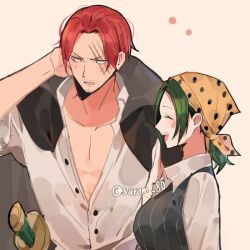 Rule 34 | 1boy, 1girl, artist name, bandana, black cape, blush, cape, closed eyes, facial hair, green hair, joman, makino (one piece), one piece, open clothes, open mouth, open shirt, red hair, scar, scar across eye, shanks (one piece), short hair, short ponytail, smile, sword, weapon