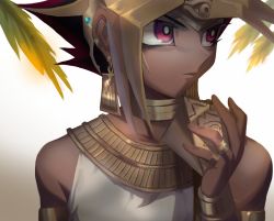 Rule 34 | 1boy, armlet, atem, black hair, blonde hair, cbow, closed mouth, commentary request, dark skin, dark-skinned male, earrings, egyptian, eyelashes, hand up, highres, holding, jewelry, leaf, looking to the side, male focus, millennium puzzle, multicolored hair, purple eyes, ring, solo, spiked hair, yu-gi-oh!, yu-gi-oh! duel monsters