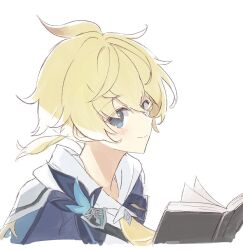 Rule 34 | 1boy, blonde hair, blue eyes, book, closed mouth, genshin impact, hair between eyes, hood, hood down, looking at viewer, male focus, mika (genshin impact), multicolored hair, open book, shirase (shirose), short ponytail, simple background, solo, upper body, white background
