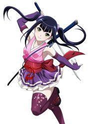 Rule 34 | 1girl, black hair, cosplay, female focus, ikkitousen, katana, long hair, ninja, official art, saji genpou (true), smile, sword, twintails, weapon