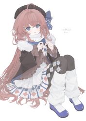 Rule 34 | 1girl, 33bun3, absurdres, ahoge, argyle, argyle clothes, argyle legwear, beret, blue eyes, blue footwear, bow, brown hair, brown pantyhose, circle skirt, commission, dot nose, dress, enpera, frilled sleeves, frills, fur-trimmed jacket, fur trim, hat, hat bow, highres, holding, holding ear, holding stuffed toy, jacket, kneehighs, legs together, long hair, loose socks, mary janes, open mouth, original, pale color, pantyhose, scarf, shoes, sitting, sitting on hair, skeb commission, smile, socks, solo, stuffed toy, teeth, thank you, upper teeth only, white scarf, white socks