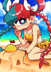 Rule 34 | ankie, beach, bikini, blue hair, blush, bow, braid, cyclops, day, hair bow, highres, multicolored hair, nervous, one-eyed, open mouth, original, outdoors, red hair, sand, sand castle, sand sculpture, sitting, swimsuit, wariza, white bow