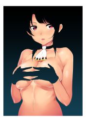 Rule 34 | 10s, 1girl, akagi asahito, black gloves, black hair, breasts, choker, covering privates, covering breasts, female focus, gloves, gradient background, highres, kantai collection, large breasts, neckerchief, open mouth, red eyes, short hair with long locks, simple background, solo, takao (kancolle), topless