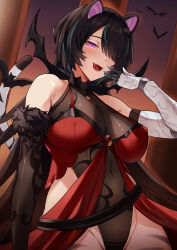 Rule 34 | 1girl, absurdres, animal ears, bare shoulders, bat (animal), black hair, black sleeves, blue hair, body markings, bra, breasts, brown brooch, cleavage, covered navel, erina makina, fangs, fur-trimmed sleeves, fur trim, hair over one eye, highres, large breasts, leotard, mchiefy, mechanical arms, multicolored hair, open mouth, phase connect, purple eyes, red bra, see-through, see-through cleavage, see-through leotard, short hair, single mechanical arm, single sleeve, solo, streaked hair, tail, tiger ears, tiger girl, tiger tail, underwear, virtual youtuber