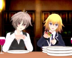 Rule 34 | 1boy, 1girl, 3d, ahoge, blonde hair, blush, brown hair, commentary, couple, cup, drinking glass, fate/apocrypha, fate (series), food, hetero, holding, holding food, jacket, jeanne d&#039;arc (fate), jeanne d&#039;arc (ruler) (fate), long hair, long sleeves, necktie, open clothes, open jacket, plate, purple eyes, purple neckwear, red eyes, sansei gomesu, shirt, short hair, sieg (fate), table, uniform, waistcoat, white shirt, wine glass
