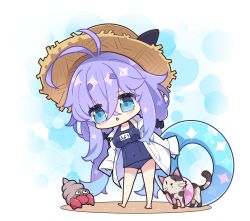 Rule 34 | 1girl, absurdres, animal, antenna hair, bare legs, barefoot, blue eyes, blue one-piece swimsuit, blush, breasts, brown hat, cat, collared shirt, commentary request, covered navel, dress shirt, fuyou-chan, hair between eyes, hat, hermit crab, highres, innertube, large breasts, long hair, long sleeves, milkpanda, old school swimsuit, one-piece swimsuit, open clothes, open shirt, original, parted lips, purple hair, school swimsuit, shirt, short eyebrows, sleeves past fingers, sleeves past wrists, solo, standing, straw hat, swim ring, swimsuit, thick eyebrows, very long hair, white background, white shirt