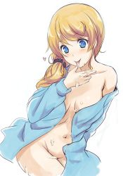 Rule 34 | 1girl, bad id, bad pixiv id, blonde hair, blue eyes, blush, breasts, bukkake, cum, ellen baker, gale kawaii, heart, jacket, licking, long hair, low ponytail, navel, new horizon, off shoulder, open clothes, open jacket, ponytail, scrunchie, simple background, smile, solo, tongue, tongue out, white background