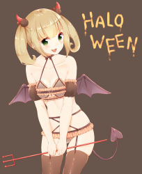 Rule 34 | 10s, 1girl, :d, azuki (krps-hano), black thighhighs, blonde hair, blush, breasts, brown background, cleavage, collarbone, commentary, cowboy shot, demon girl, demon tail, demon wings, eyebrows, fang, garter belt, garter straps, green eyes, halloween, heart, highres, horns, idolmaster, idolmaster cinderella girls, lingerie, looking at viewer, manatsuki manata, medium breasts, open mouth, polearm, race limitation (lingerie), sato shin, see-through, simple background, smile, solo, tail, thighhighs, thighs, trident, twintails, underwear, weapon, wings