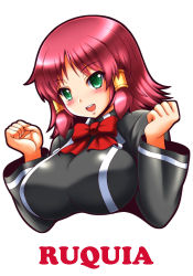Rule 34 | 1girl, blush, breasts, clenched hands, female focus, green eyes, kittan (cve27426), large breasts, looking at viewer, open mouth, quiz magic academy, red hair, ruquia, school uniform, short hair, smile, solo, upper body, wrists extended