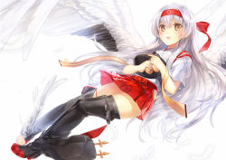 Rule 34 | 10s, 1girl, ankle wings, asymmetrical footwear, asymmetrical legwear, bad id, bad pixiv id, black footwear, black thighhighs, black wings, boots, bow, crying, feathered wings, feathers, full body, headband, holding, kantai collection, long hair, looking at viewer, mismatched footwear, muneate, no shoes, pleated skirt, red bow, red ribbon, red skirt, ribbon, ribbon-trimmed skirt, ribbon trim, sakuyosi, shoukaku (kancolle), skirt, solo, tasuki, tears, thigh boots, thighhighs, transparent, uneven footwear, uneven legwear, very long hair, white background, white hair, wings
