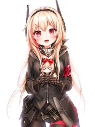 Rule 34 | 1girl, :3, armband, black skirt, blonde hair, blush, commentary request, doll, fang, gauntlets, girls&#039; frontline, gloves, hair between eyes, hair ribbon, headgear, highres, holding, holding doll, honyang, jacket, korean text, long hair, looking at viewer, m4 sopmod ii (girls&#039; frontline), m4 sopmod ii jr, mechanical arms, multicolored hair, o o, open mouth, pantyhose, red armband, red eyes, red hair, red ribbon, ribbon, scarf, sidelocks, single mechanical arm, skirt, streaked hair, thigh strap, white background