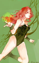 Rule 34 | 10s, 1girl, 2012, bare shoulders, batman (series), boots, breasts, dc comics, green background, green footwear, highres, leaf, leotard, lipstick, long hair, makeup, poison ivy, red eyes, red hair, shoes, wristband