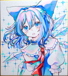 Rule 34 | 1girl, blue bow, blue dress, blue eyes, blue hair, bow, cirno, collared shirt, dress, hair between eyes, hair bow, highres, hinasumire, ice, ice wings, looking at viewer, medium hair, neck ribbon, open mouth, pinafore dress, puffy short sleeves, puffy sleeves, red ribbon, ribbon, shirt, short sleeves, sleeveless dress, solo, sparkle, touhou, traditional media, upper body, white background, white shirt, wings