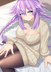 Rule 34 | 1girl, black pantyhose, blue eyes, braid, breasts, cleavage cutout, clothing cutout, dura, highres, large breasts, long hair, looking at viewer, neptune (series), pantyhose, power symbol, power symbol-shaped pupils, purple hair, purple heart (neptunia), ribbed sweater, sitting, smile, solo, sweater, symbol-shaped pupils, twin braids, very long hair