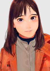 Rule 34 | 1girl, blush, brown eyes, brown hair, closed mouth, commentary request, grey background, grey shirt, highres, jacket, long hair, looking at viewer, open clothes, open jacket, orange jacket, original, shirt, simple background, solo, torii yoshitsuna, upper body