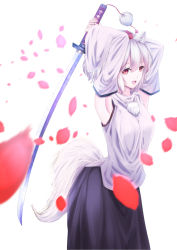 Rule 34 | 1girl, animal ears, bad id, bad pixiv id, bare shoulders, breasts, cacao devil, detached sleeves, fang, hat, inubashiri momiji, open clothes, open shirt, petals, pom pom (clothes), red eyes, shirt, short hair, silver hair, simple background, solo, sword, tail, tokin hat, touhou, weapon, white background, wolf ears, wolf tail