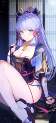 Rule 34 | 1girl, absurdres, armor, ayaka (genshin impact), bare legs, blue eyes, blurry, blurry background, breastplate, breasts, bridal gauntlets, chinese commentary, cleavage, closed mouth, collarbone, commentary request, genshin impact, hair ornament, hair ribbon, hand up, highres, indoors, long hair, looking at viewer, medium breasts, mole, mole under eye, panties, ponytail, purple hair, red ribbon, ribbon, sandals, short sleeves, side-tie panties, sitting, smile, socks, solo, tabi, tassel, thighs, underwear, vambraces, white socks, ziyue
