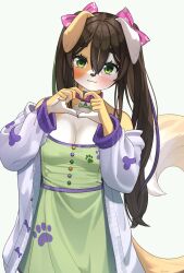 Rule 34 | 1girl, animal ears, blush, bone, bow, breasts, cleavage, collar, commission, dog ears, dog girl, dog tail, dress, etivka, facing viewer, female focus, furry, furry female, green dress, green eyes, hair between eyes, hair bow, heart, heart hands, highres, jacket, looking at viewer, medium breasts, original, paw print, pink bow, simple background, solo, tail, twintails, white background