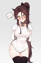 Rule 34 | 1girl, absurdres, arms behind back, baggy clothes, bandaged arm, bandages, bandaid on thigh, black choker, black thighhighs, blush, bow, breasts, brown hair, choker, collarbone, contrapposto, cowboy shot, cowlick, hair between eyes, hair bow, head tilt, heart, heart-shaped pupils, heart choker, highres, large breasts, leaning forward, long hair, looking at viewer, loose clothes, meme, messy hair, naked shirt, no pants, no pupils, orange eyes, original, oversized clothes, oversized shirt, pajamas challenge (meme), parted lips, ponytail, pulled by self, shirt, shirt overhang, short sleeves, simple background, sky above me, solo, speech bubble, spoken blush, straight-on, symbol-shaped pupils, t-shirt, taut clothes, taut shirt, thighhighs, tight clothes, tight shirt, v-neck, very long hair, white shirt, wide hips, zettai ryouiki