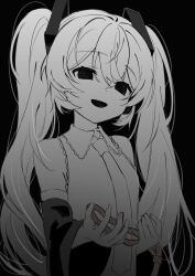 Rule 34 | 1girl, :d, absurdres, bare shoulders, collared shirt, detached sleeves, dot nose, frilled shirt, frills, greyscale, hair between eyes, hair ornament, hatsune miku, highres, holding, holding rope, long hair, long sleeves, looking at viewer, monochrome, necktie, noose, open mouth, rope, shirt, sidelocks, sleeveless, sleeveless shirt, smile, solid circle eyes, solo, twintails, upper body, vocaloid, yukia 1128