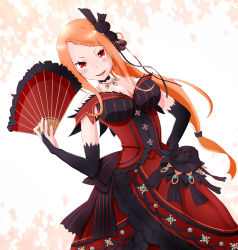 Rule 34 | 10s, 1girl, bare shoulders, blush, braid, breasts, bridal gauntlets, cleavage, dress, female focus, hair ornament, hand fan, hand on own hip, highres, holding, holding fan, jewelry, large breasts, long hair, looking at viewer, necklace, orange hair, priscilla barielle, re:zero kara hajimeru isekai seikatsu, red dress, red eyes, smile, solo, standing