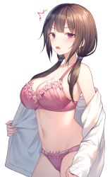 Rule 34 | 1girl, alexmaster, bare shoulders, black hair, bra, breasts, cleavage, cowboy shot, groin, large breasts, long hair, looking at viewer, low twintails, navel, off shoulder, open clothes, open mouth, open shirt, original, panties, pink bra, pink panties, purple eyes, shirt, sidelocks, simple background, solo, stomach, twintails, underwear, white background, white shirt
