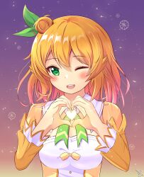 Rule 34 | 1girl, ;d, absurdres, blush, breasts, cleavage, collar, commentary, double-parted bangs, eyelashes, gradient background, green eyes, green ribbon, hair between eyes, hair bun, hair ornament, hands up, happy, heart, heart hands, highres, hinatsuki mikan, juliet sleeves, leaf hair ornament, long hair, long sleeves, looking at viewer, machikado mazoku, mahou shoujo madoka magica, medium breasts, neck ribbon, one eye closed, open mouth, orange hair, orange shirt, puffy sleeves, purple background, ribbon, shirt, signature, simple background, single side bun, smile, solo, teeth, two-tone shirt, upper body, upper teeth only, user zmhd3373, white collar, white shirt, wide sleeves, wing collar